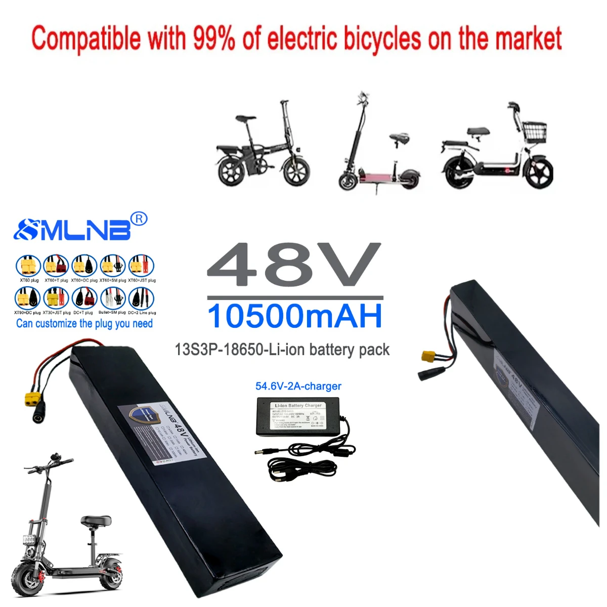 High power battery pack 13S3P 48V 10500mAh 1000W 18650 lithium-ion battery pack 10500mAh suitable for 54.6V with BMS+charger
High power battery pack 13S3P 48V 10500mAh 1000W 18650 lithium-ion battery pack 10500mAh suitable for 54.6V with BMS+charger