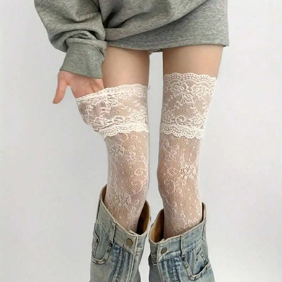 Lace Trim Over-the-Knee Fishnet Socks for Women - Sheer Mesh with Floral Edge, Spring Summer Casual Party Wear
Lace Trim Over-the-Knee Fishnet Socks for Women - Sheer Mesh with Floral Edge, Spring Summer Casual Party Wear