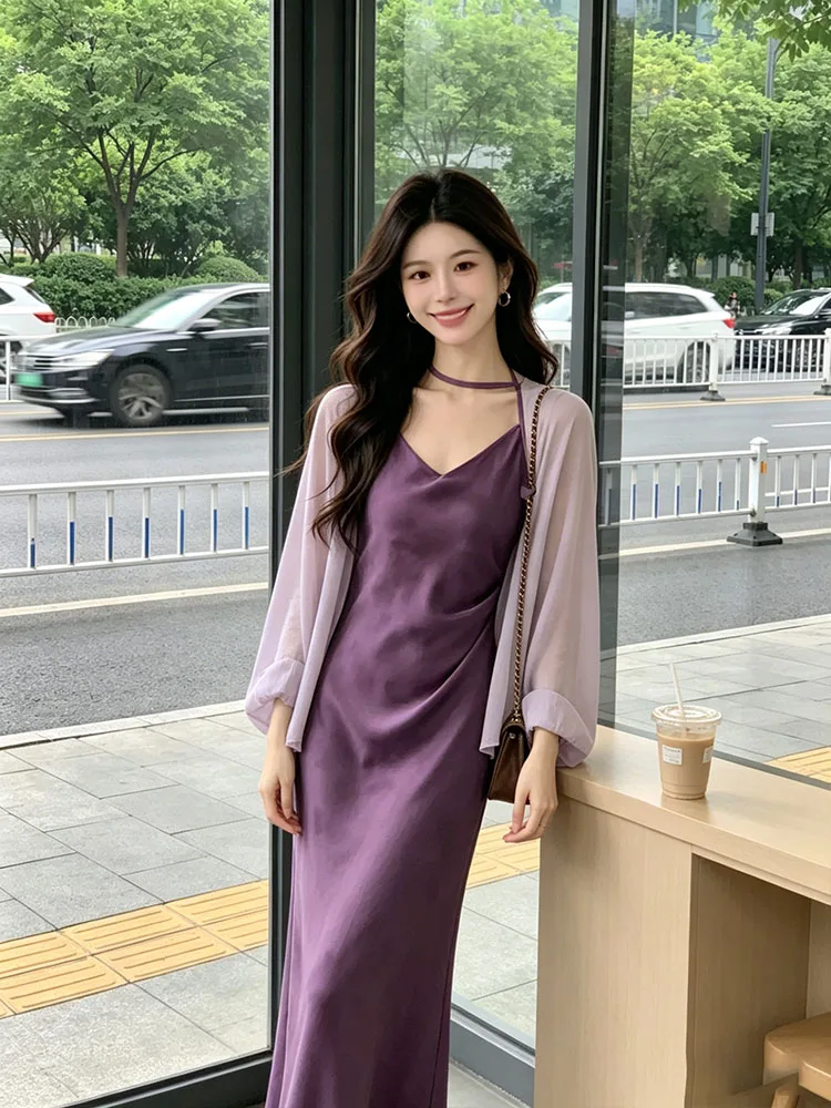 Elegant Summer Outfit Two-Piece Set Purple Open Cardigan And Strap Dress Ladylike Goddess High Waist Long Skirt Fashionable W...
Elegant Summer Outfit Two-Piece Set Purple Open Cardigan And Strap Dress Ladylike Goddess High Waist Long Skirt Fashionable W...
