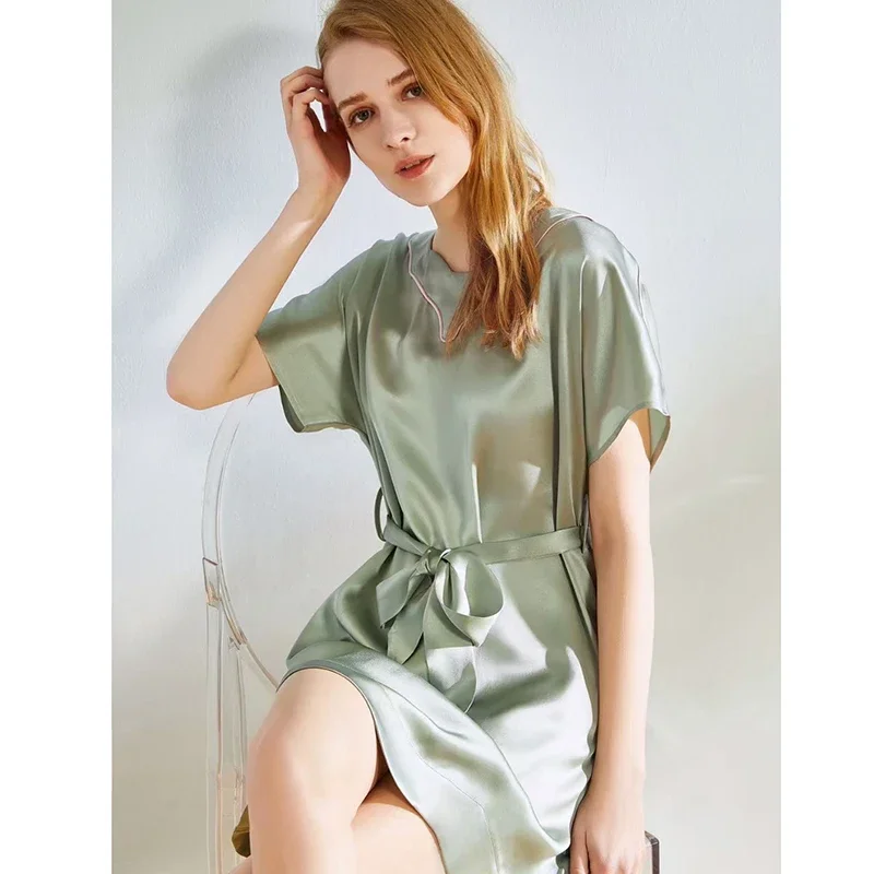 Round Neck 100% Mulberry Silk Women Chemise Sleepwear Nightdress Belted Nightgown Short-sleeved Mini Home Dress Underwear Nighty 
Round Neck 100% Mulberry Silk Women Chemise Sleepwear Nightdress Belted Nightgown Short-sleeved Mini Home Dress Underwear Nighty