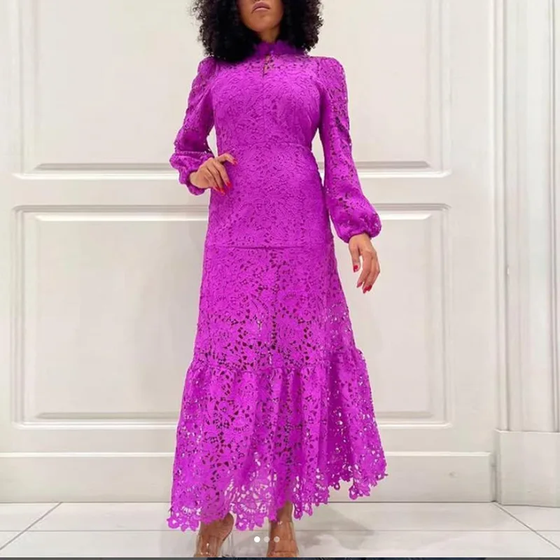 Elegant Ruffled Long Skirt 2025 Summer New Style Stand-up Collar Long Sleeve Waist Slimming Hollow Dress Female 
Elegant Ruffled Long Skirt 2025 Summer New Style Stand-up Collar Long Sleeve Waist Slimming Hollow Dress Female