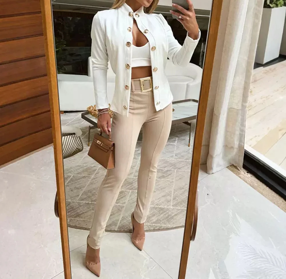 Elegant women jacket New Fashion 2024 Autumn Winter Spring Casual Female Clothing Metal Button Front Stand Collar Slim Fit Coat
Elegant women jacket New Fashion 2024 Autumn Winter Spring Casual Female Clothing Metal Button Front Stand Collar Slim Fit Coat