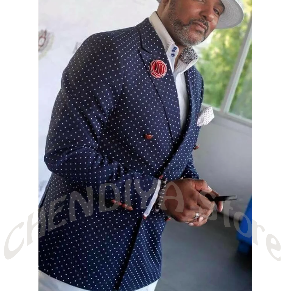 Navy Blue Polka Dot Double Breasted Blazer Peak Lapel With White Pants Men's Suit Business Casual Party Prom Fashion Outfit
Navy Blue Polka Dot Double Breasted Blazer Peak Lapel With White Pants Men's Suit Business Casual Party Prom Fashion Outfit