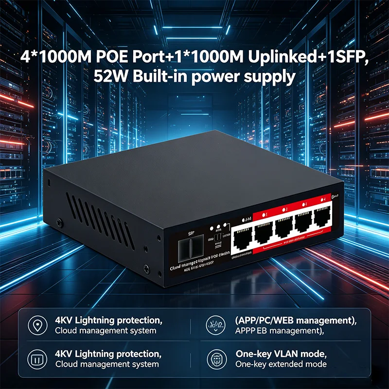 Cloud Managed Gigabit PoE Switch 4 Ports 1000Mbps with 1 Uplink 1 SFP 52W Built-in Power APP/PC/WEB Management GPS204
Cloud Managed Gigabit PoE Switch 4 Ports 1000Mbps with 1 Uplink 1 SFP 52W Built-in Power APP/PC/WEB Management GPS204