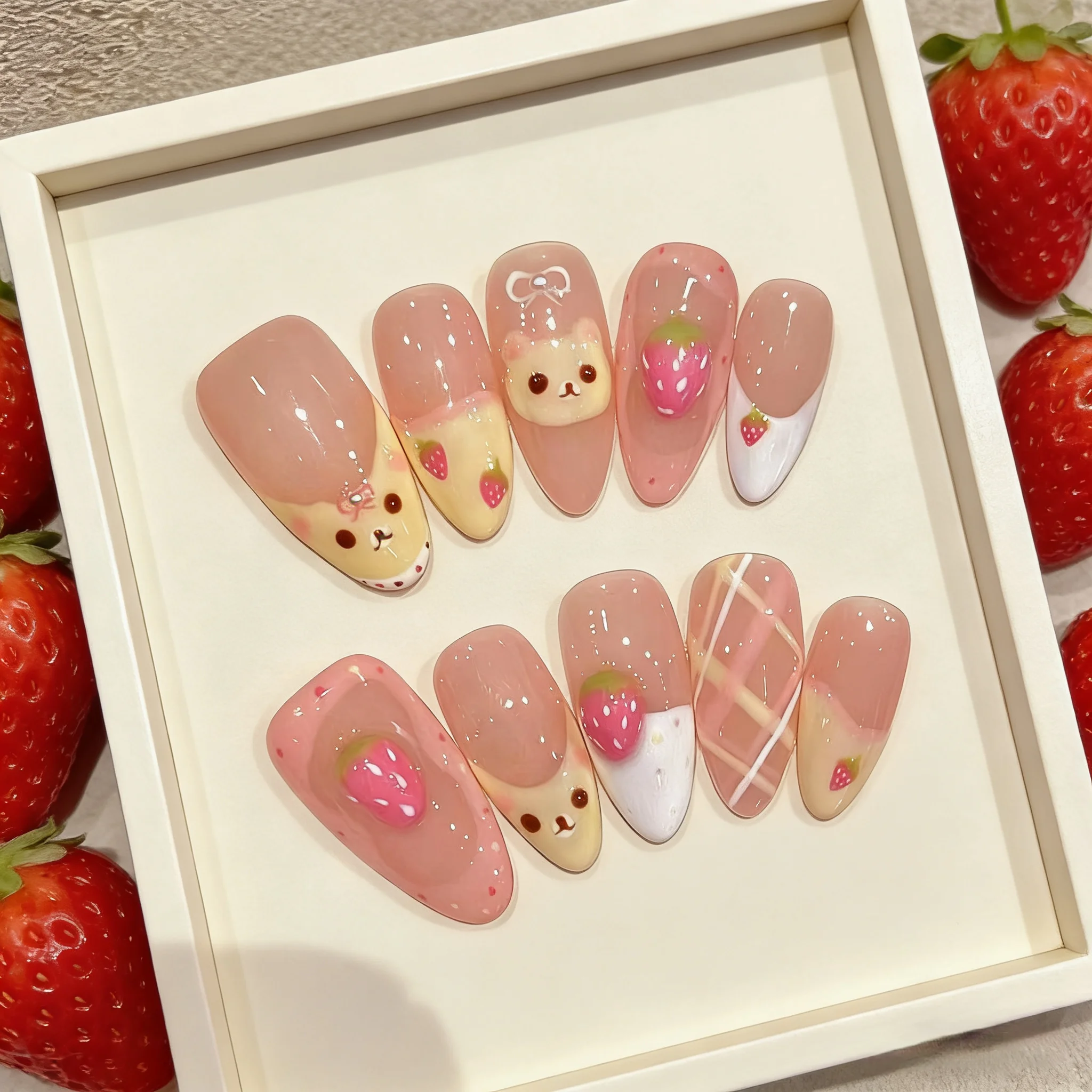 Kawaii Handmade Press on Nails Pink Strawberry Bear Design Acrylic False Nails Sweet Full Cover Cute Girl Wearable Nail Tips
Kawaii Handmade Press on Nails Pink Strawberry Bear Design Acrylic False Nails Sweet Full Cover Cute Girl Wearable Nail Tips