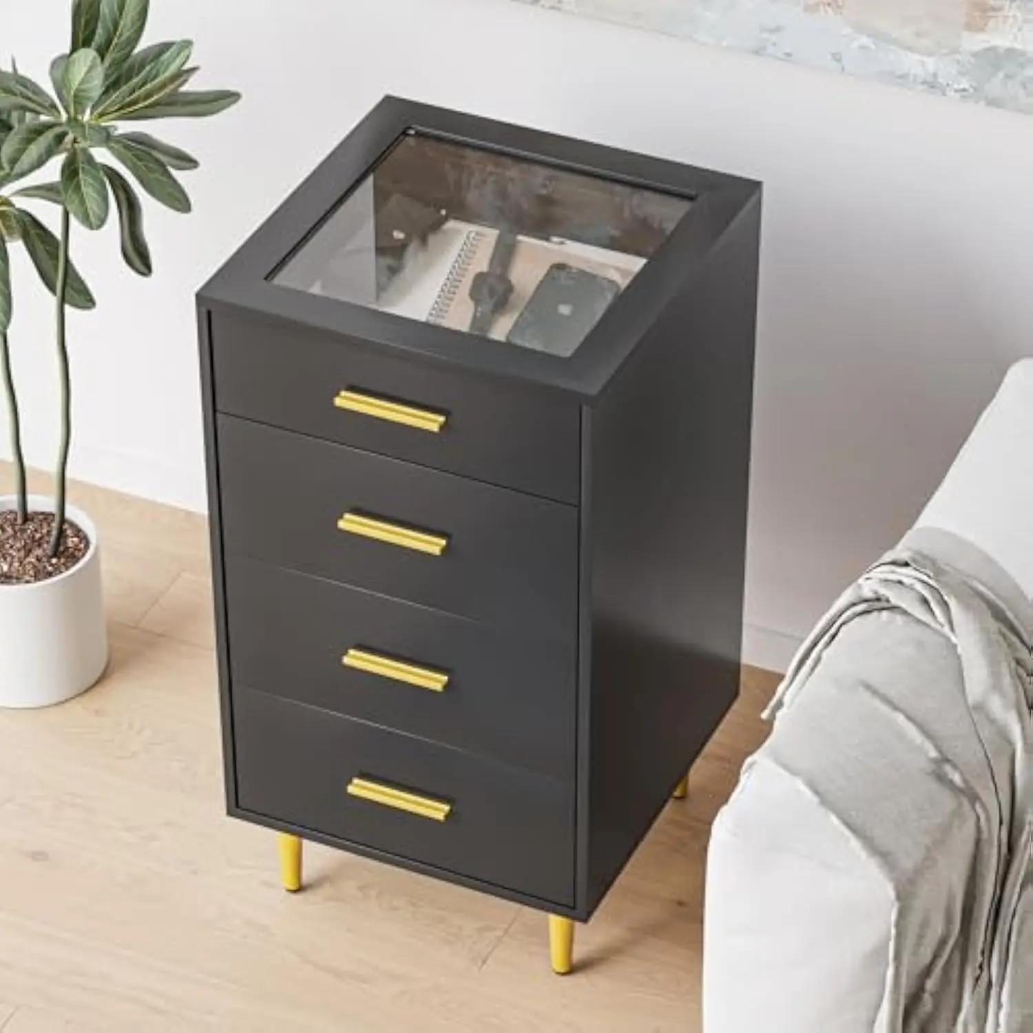 Black Chest of 4 Drawers with Tempered Glass Top and Velvet Lining, Vanity Desk Side Cabinet for Jewelry Watch Display, Hallwa
Black Chest of 4 Drawers with Tempered Glass Top and Velvet Lining, Vanity Desk Side Cabinet for Jewelry Watch Display, Hallwa