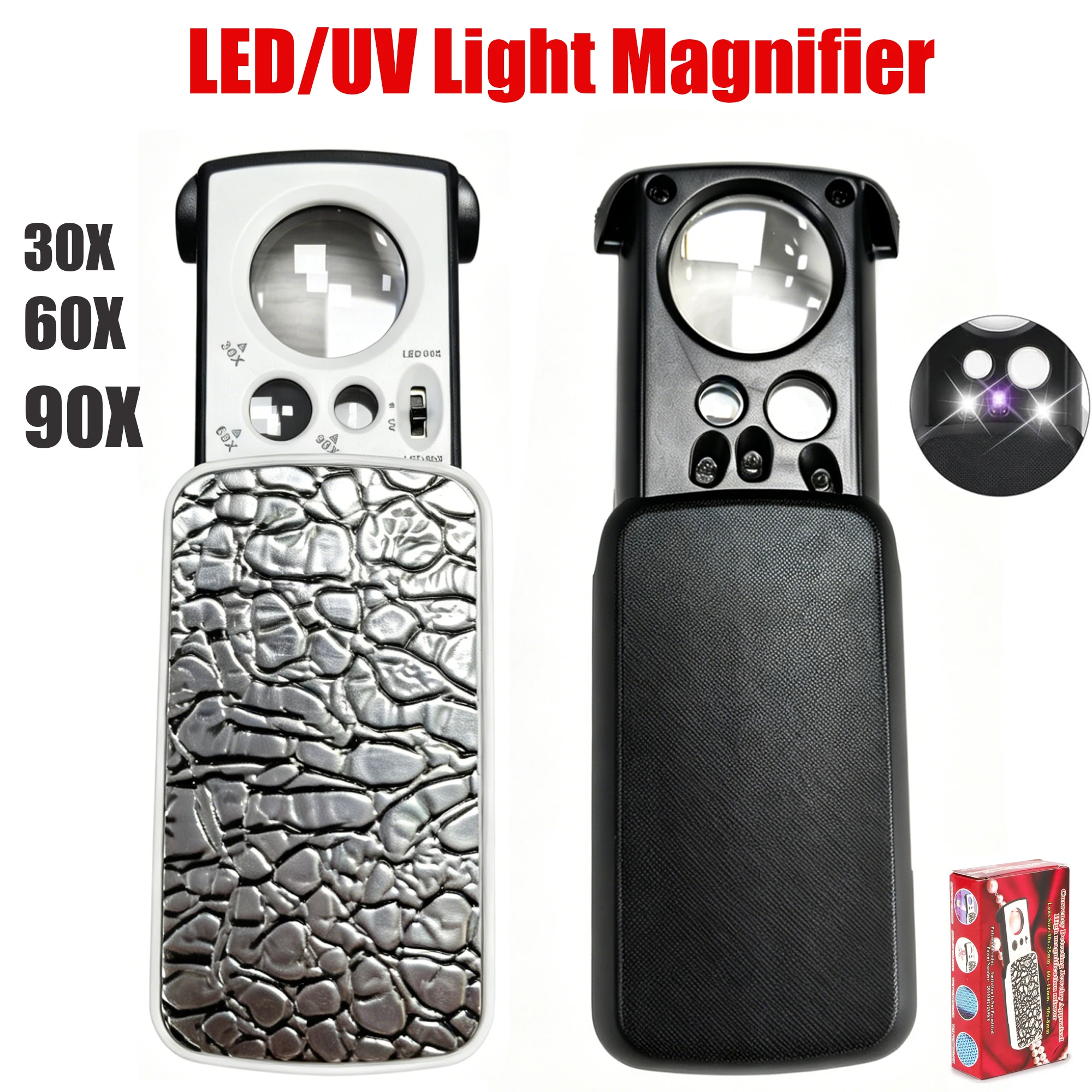 Portable Triplex Magnification Loupe 30X 60X 90X Slide-Out Style LED UV Lighted Jewelry Magnifier for Gemology Micro-Engraving