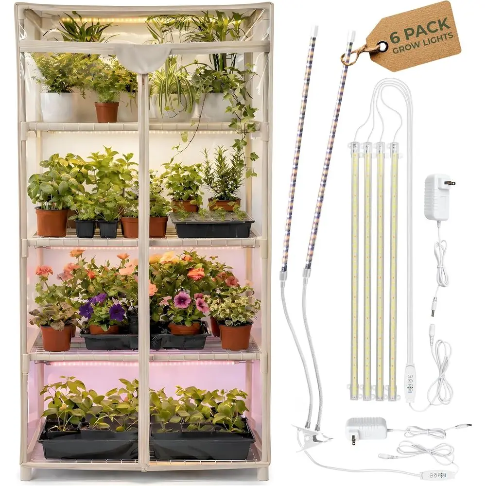 Indoor Greenhouse with Grow Lights - 4 Tiers 27.2"L x 19.3"W x 54"H with 4 Dimmable 15W ull Spectrum LED Light Strips and 2 Goos
Indoor Greenhouse with Grow Lights - 4 Tiers 27.2"L x 19.3"W x 54"H with 4 Dimmable 15W ull Spectrum LED Light Strips and 2 Goos