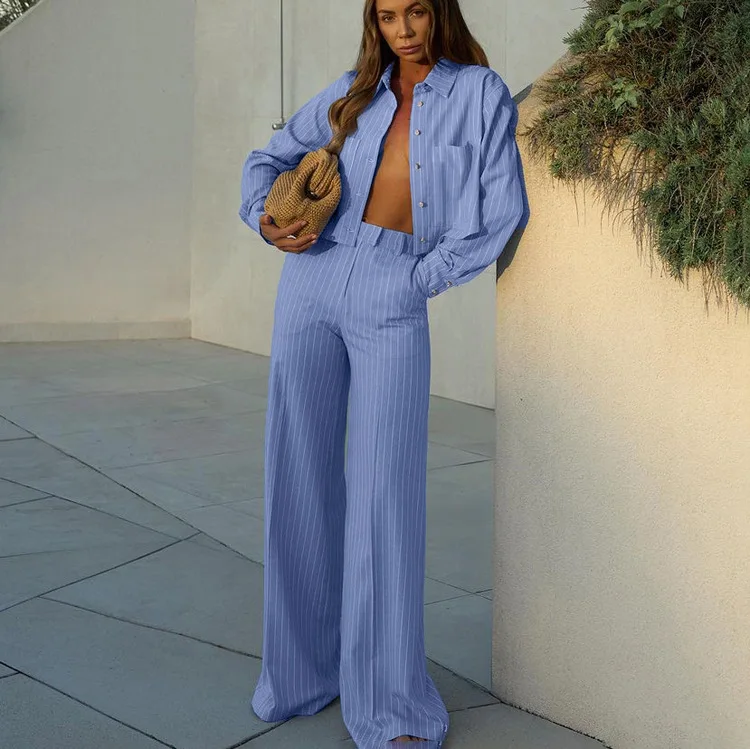 2025 Fashion Loose Blue Stripe Cotton 2 Piece Sets Women Outfit Elegant Long Sleeve Shirt With High Waist Wide Pants Set
2025 Fashion Loose Blue Stripe Cotton 2 Piece Sets Women Outfit Elegant Long Sleeve Shirt With High Waist Wide Pants Set