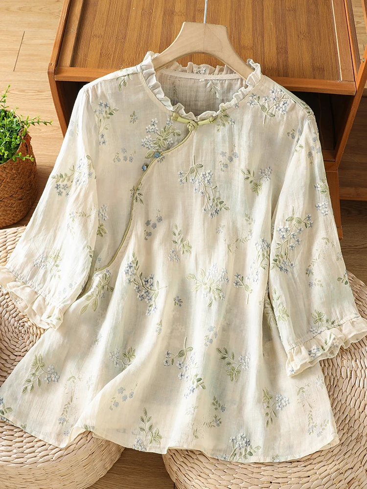 Chinese Style Loose Fit Cotton Linen Shirt Women's Summer Embroidery Slanting Pocket Stand Collar Nine Sleeve Length
Chinese Style Loose Fit Cotton Linen Shirt Women's Summer Embroidery Slanting Pocket Stand Collar Nine Sleeve Length