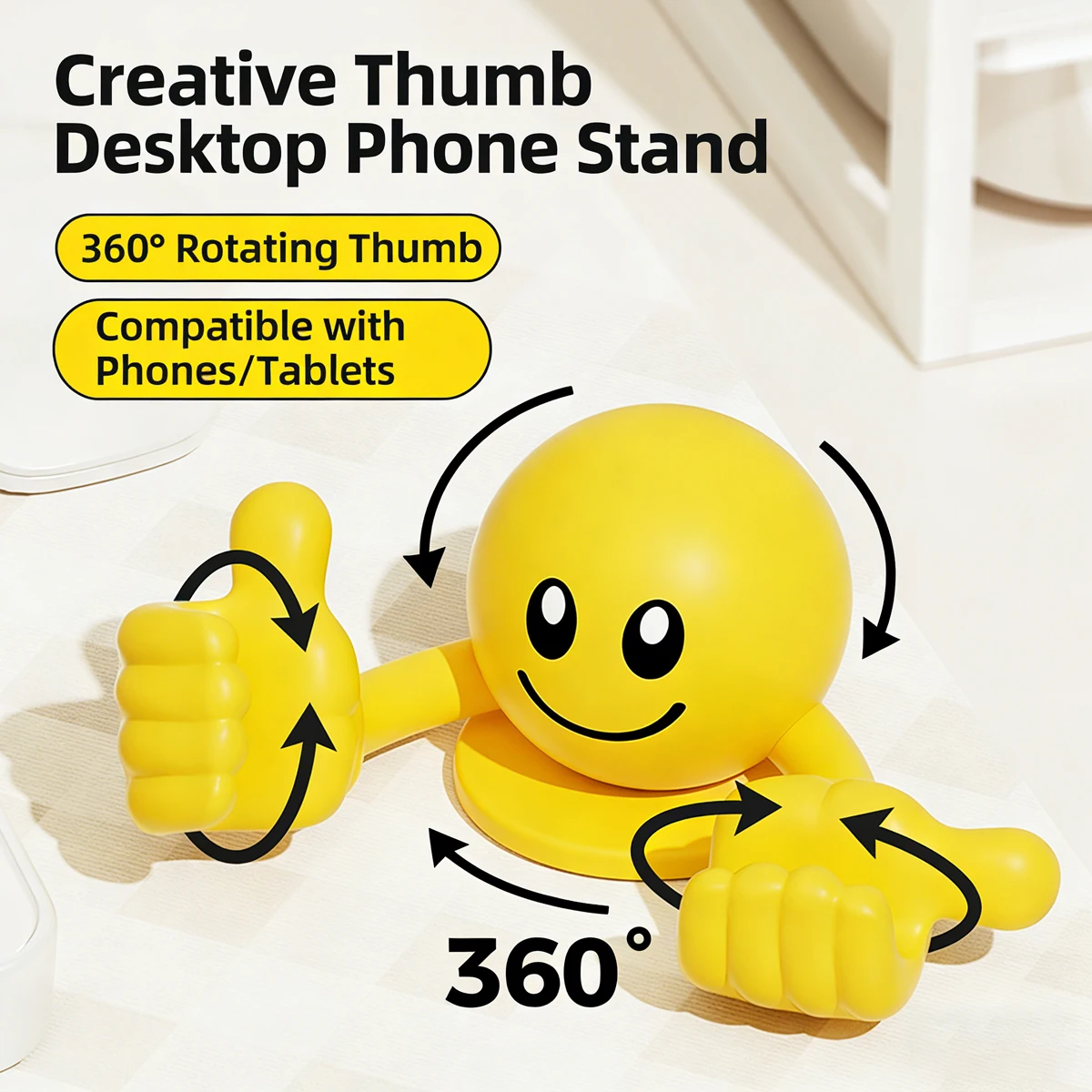 Plastic cartoon tabletop ornament with a smiling face and rotating thumb, serving as a phone and tablet holder for lazy users
Plastic cartoon tabletop ornament with a smiling face and rotating thumb, serving as a phone and tablet holder for lazy users