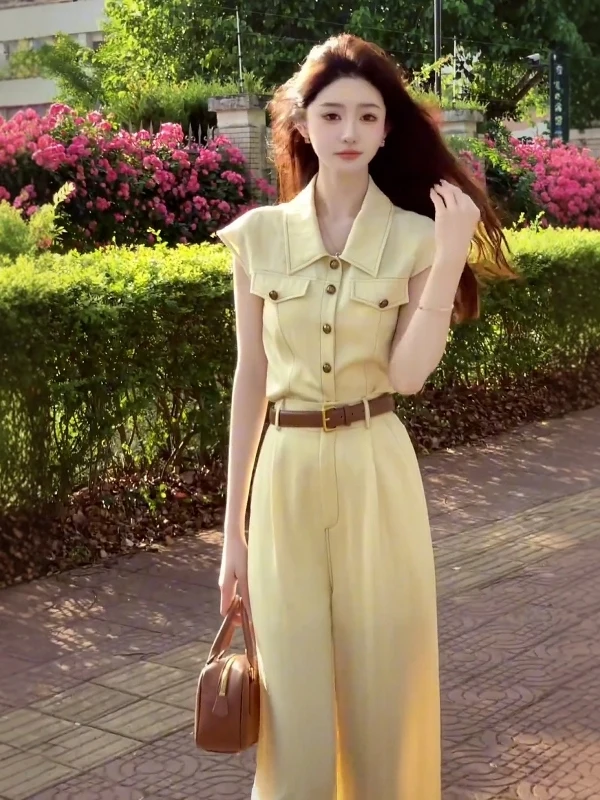 Fashionable High Waist Neck Denim Top And Long Pants Two Piece Set for Women Summer Design Yellow Color Women's Suit
Fashionable High Waist Neck Denim Top And Long Pants Two Piece Set for Women Summer Design Yellow Color Women's Suit