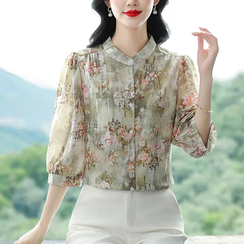 Elegant Fashion Women Chiffon Shirt 2025 Spring Summer Blouse New 3/4 Sleeve Floral Printed Tops
Elegant Fashion Women Chiffon Shirt 2025 Spring Summer Blouse New 3/4 Sleeve Floral Printed Tops