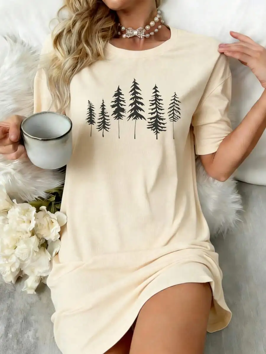 Womens Crew Neck Short Sleeve T-Shirt Dress With Pine Tree Print Casual Loose Fit
Womens Crew Neck Short Sleeve T-Shirt Dress With Pine Tree Print Casual Loose Fit