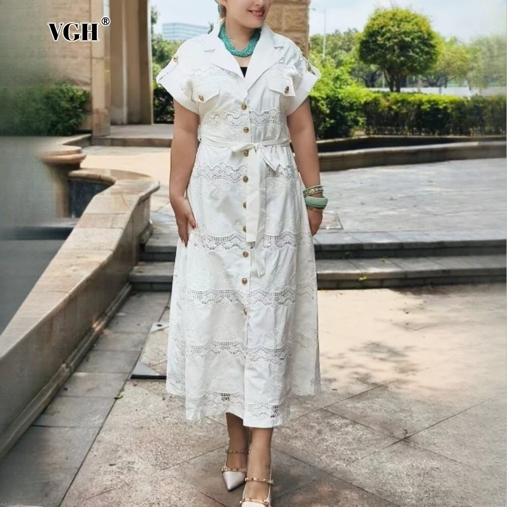VGH Solid Casual Spliced Hollow Out Dresses for Women Lapel Short Sleeve High Waist Slimming Patchwork Lace Up Dress Female New
VGH Solid Casual Spliced Hollow Out Dresses for Women Lapel Short Sleeve High Waist Slimming Patchwork Lace Up Dress Female New