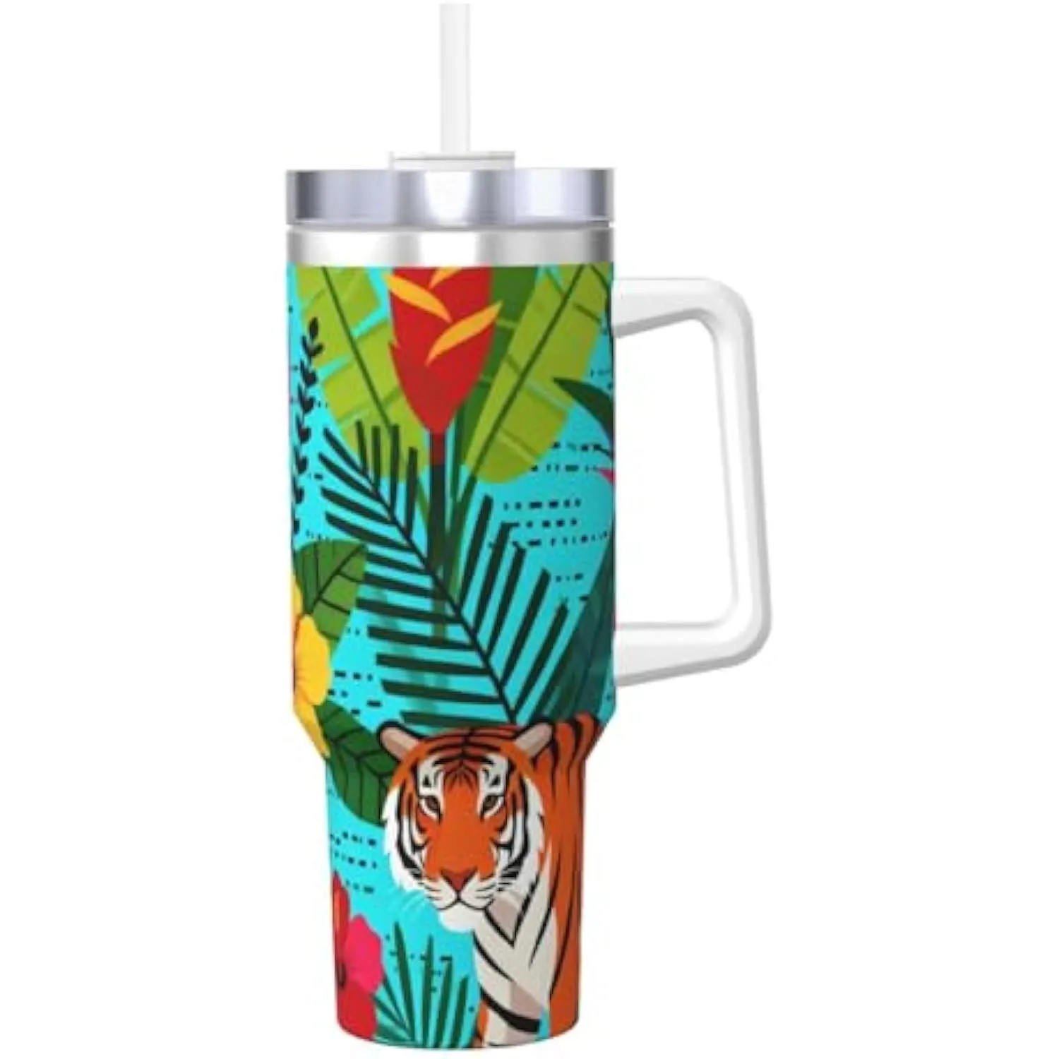 Jungle Tiger Tropical Print 40oz Stainless Steel Tumbler With Handle And Straw Travel Mug
Jungle Tiger Tropical Print 40oz Stainless Steel Tumbler With Handle And Straw Travel Mug