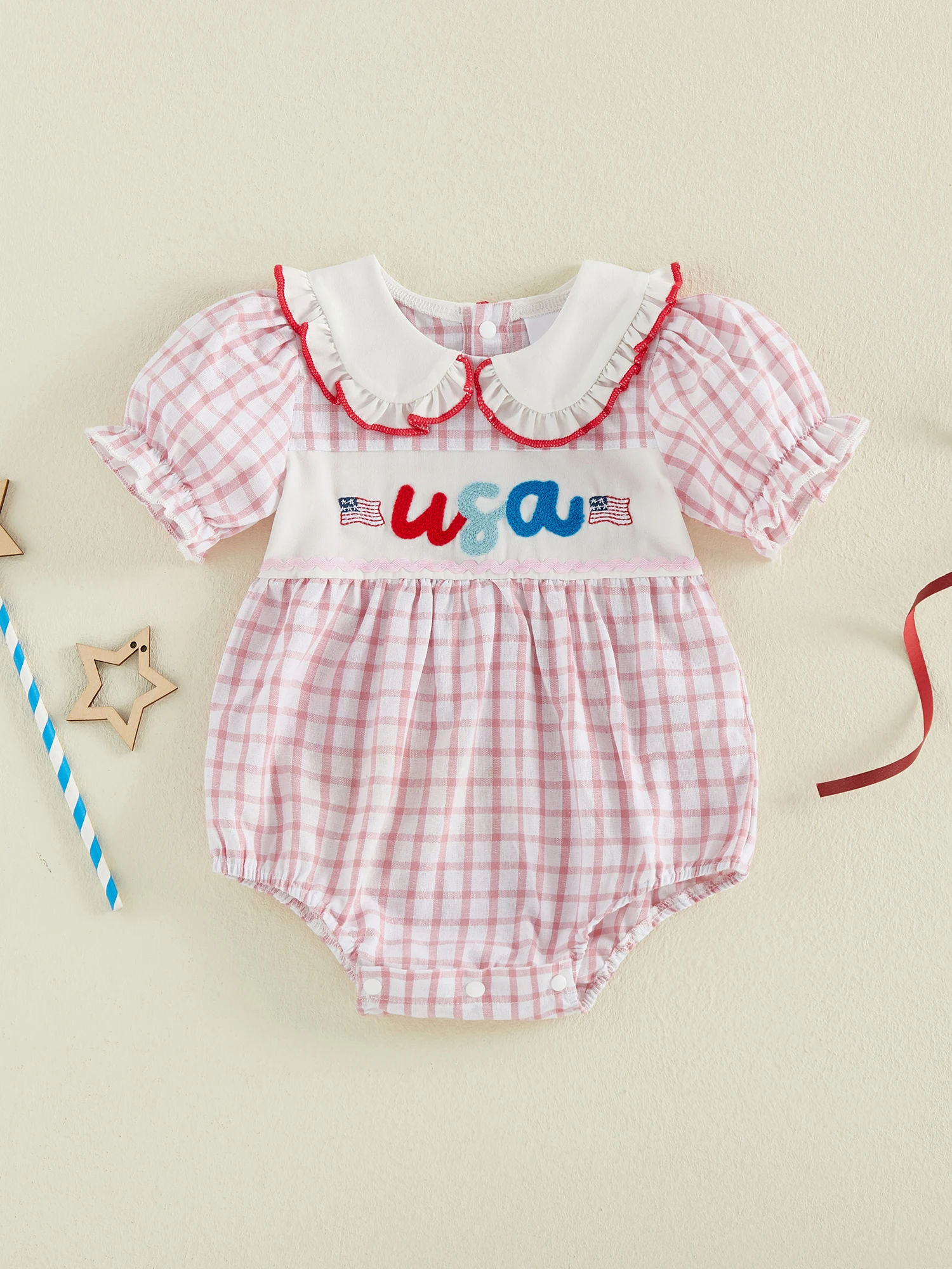 Infant Independence Day Jumpsuit with Short Sleeves and Doll Collar American Flag Design and Embroidered Letters Cute Baby
Infant Independence Day Jumpsuit with Short Sleeves and Doll Collar American Flag Design and Embroidered Letters Cute Baby