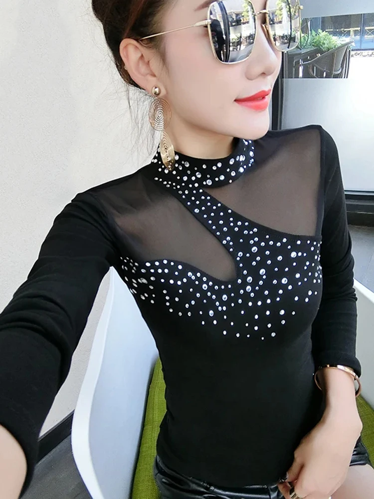 Winsleter Elegant Basic Tshirt Long Sleeve Tees Autumn Winter Women Stand Collar Diamonds Hollow Out Slim Mesh Tops T30602JC
Winsleter Elegant Basic Tshirt Long Sleeve Tees Autumn Winter Women Stand Collar Diamonds Hollow Out Slim Mesh Tops T30602JC