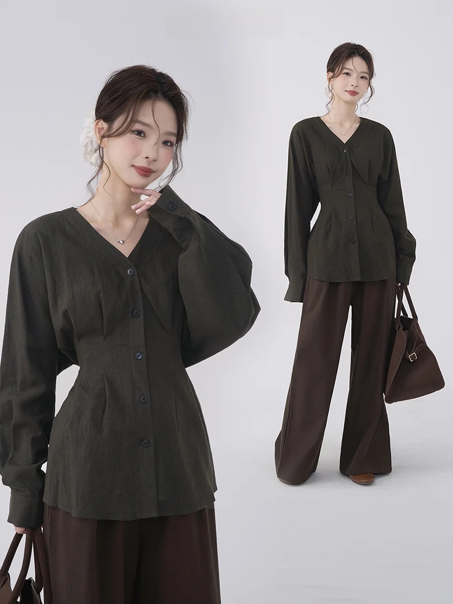 Heme Women's Cotton Linen irt V-ne Pleated Waist-cinching Loose Top Spring Autumn Faion Commute Sle Pure Color
Heme Women's Cotton Linen irt V-ne Pleated Waist-cinching Loose Top Spring Autumn Faion Commute Sle Pure Color