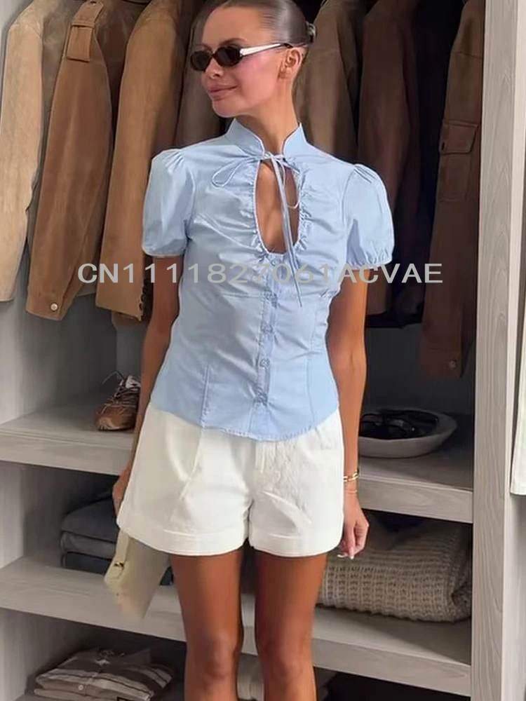 2026 Summer Women Hollow Out Blouse Casual Streetwear Buttons Short Sleeve Tops Chic Sweet Bow Tie Lace Up T-shirts Female
2026 Summer Women Hollow Out Blouse Casual Streetwear Buttons Short Sleeve Tops Chic Sweet Bow Tie Lace Up T-shirts Female