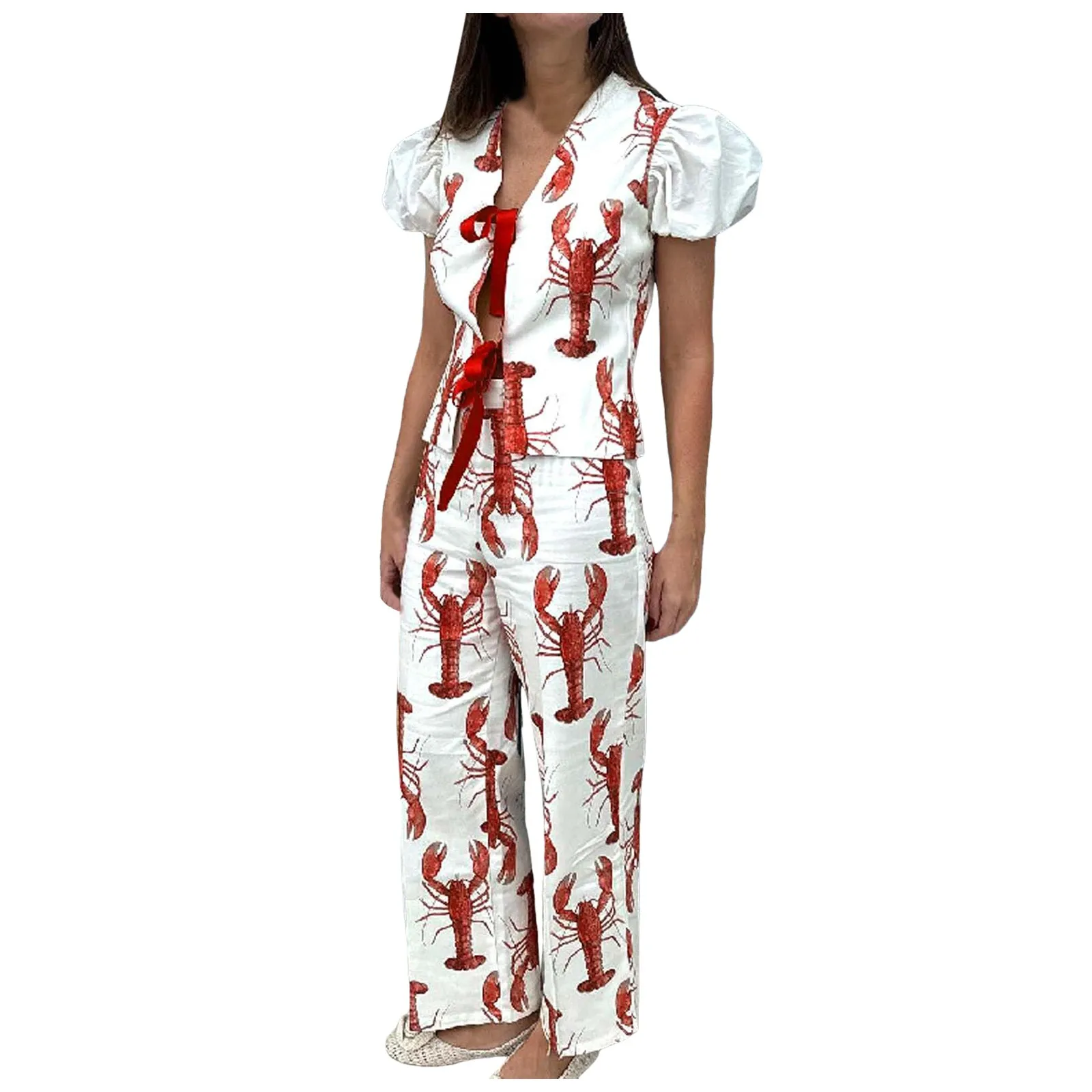 Женские топы Широкие брюки Красный комплект брюк с принтом лобстера Модная рубашка с короткими рукавами и пышными рукавами на шнуровке Комплект из двух предметов Летние наряды
Женские топы Широкие брюки Красный комплект брюк с принтом лобстера Модная рубашка с короткими рукавами и пышными рукавами на шнуровке Комплект из двух предметов Летние наряды