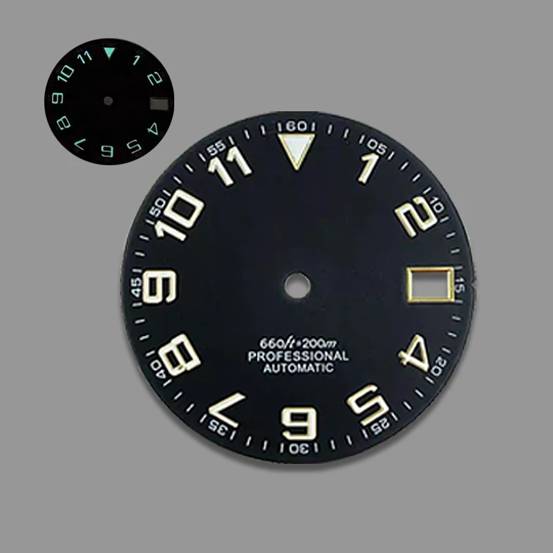 28.5mm dial, blue-green luminous digital dial mechanical watch modification, suitable for use with NH35/NH36 movement.
28.5mm dial, blue-green luminous digital dial mechanical watch modification, suitable for use with NH35/NH36 movement.