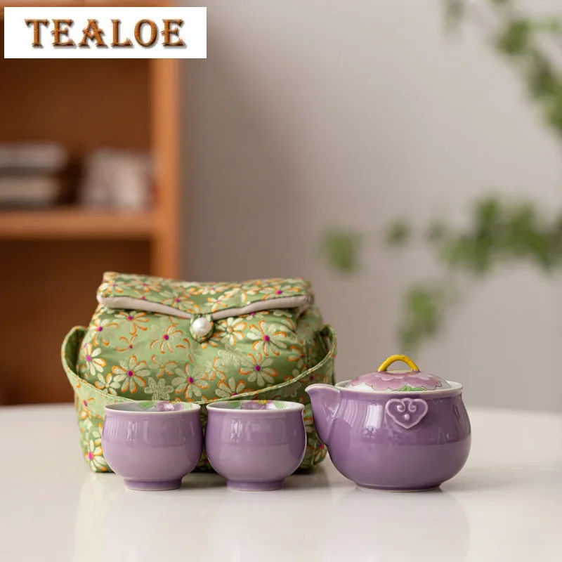 Hand Painted Purple Peony Kung Fu Tea Set Grass and Wood Ash Underglaze Color One Pot Two Cups Storage Bag Ceramic Travel Set
Hand Painted Purple Peony Kung Fu Tea Set Grass and Wood Ash Underglaze Color One Pot Two Cups Storage Bag Ceramic Travel Set