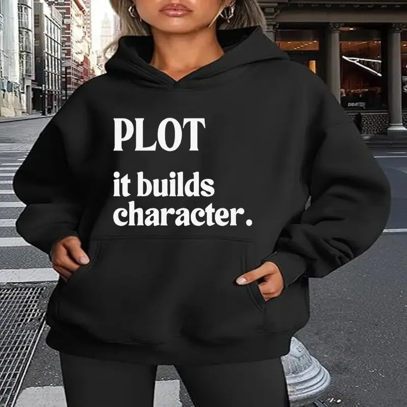 Plus Size Women's Funny Book Lover Hoodie Plot It Builds Character Sweatshirt, Heavyweight 450gsm Hooded Pullover For Teachers
Plus Size Women's Funny Book Lover Hoodie Plot It Builds Character Sweatshirt, Heavyweight 450gsm Hooded Pullover For Teachers
