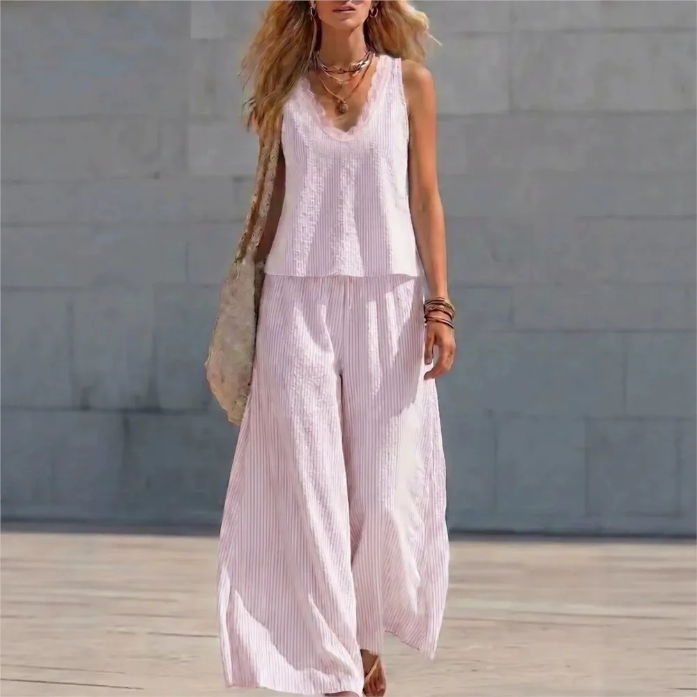 Summer New Lace V-neck Pleated Striped Vest 2 Piece Set Casual Loose Sleeveless Top Slimming Wide-leg Pants Women Home Wear Suit
Summer New Lace V-neck Pleated Striped Vest 2 Piece Set Casual Loose Sleeveless Top Slimming Wide-leg Pants Women Home Wear Suit