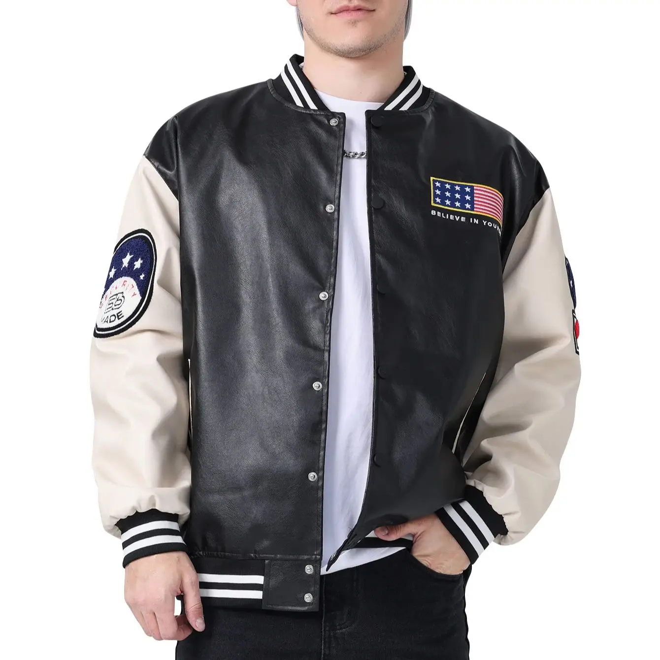 Men’s PU Leather Jacket Bomber Loose Casual Patchwork Coats Vintage Flag Embroidery Windbreaker Baseball anorak
Men’s PU Leather Jacket Bomber Loose Casual Patchwork Coats Vintage Flag Embroidery Windbreaker Baseball anorak