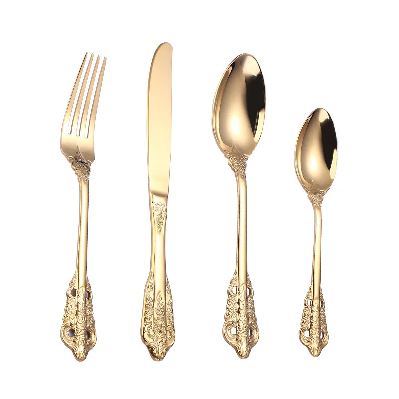 6 sets of 24 pieces of 304 stainless steel cutlery retro palace style western steak cutlery gold-plated high-end tableware
6 sets of 24 pieces of 304 stainless steel cutlery retro palace style western steak cutlery gold-plated high-end tableware