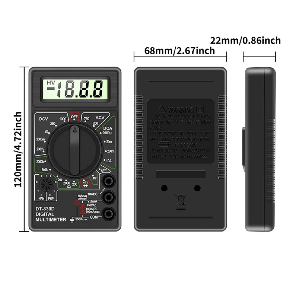 Ручной карманный цифровой мультиметр DT-830D с 1999 отсчетами для измерения напряжения переменного/постоянного тока, сопротивления току и зуммера непрерывности
Ручной карманный цифровой мультиметр DT-830D с 1999 отсчетами для измерения напряжения переменного/постоянного тока, сопротивления току и зуммера непрерывности