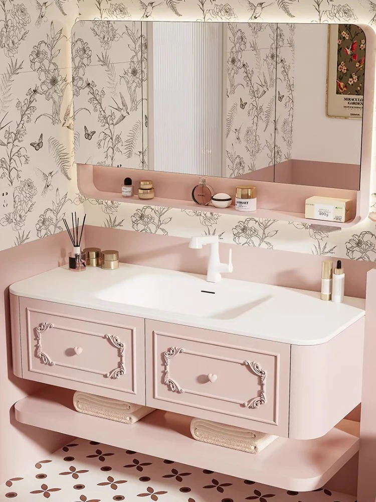 French cream style Corian integrated basin hanging pink paint smart bathroom cabinet combination customization
French cream style Corian integrated basin hanging pink paint smart bathroom cabinet combination customization