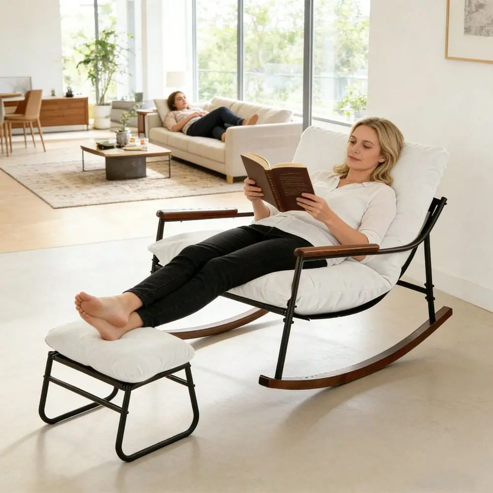 Rocking Chair With Footrest, Solid Wood Glider Recliner Chair With Soft Cushion And Backrest, Comfortable Lounge Rocking Chair
Rocking Chair With Footrest, Solid Wood Glider Recliner Chair With Soft Cushion And Backrest, Comfortable Lounge Rocking Chair