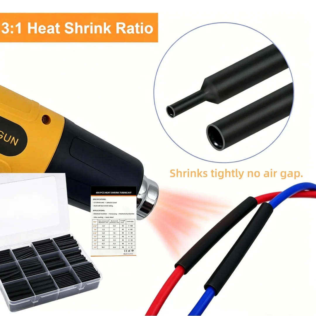 3: 1 heat shrink tubing kit 400pc, marine grade heat shrink packaging with adhesive lining, perfect for home and industrial use
3: 1 heat shrink tubing kit 400pc, marine grade heat shrink packaging with adhesive lining, perfect for home and industrial use