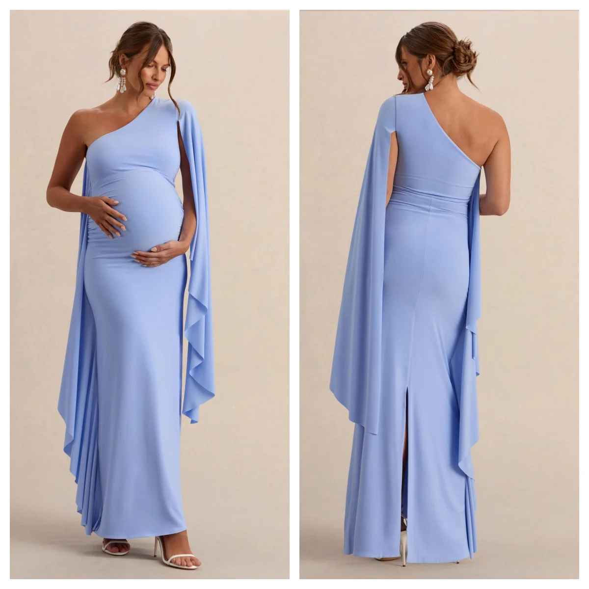 Plus-Size Women Chiffon Light Blue Asymmetric-Neck Maternity Maxi Dress With Cape Sleeve And Gathered Detailing
Plus-Size Women Chiffon Light Blue Asymmetric-Neck Maternity Maxi Dress With Cape Sleeve And Gathered Detailing