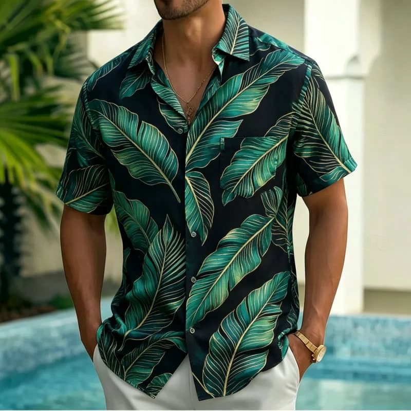 Men's tropical plant printed short sleeved shirt with pockets, suitable for beach travel and modern art atmosphere.
Men's tropical plant printed short sleeved shirt with pockets, suitable for beach travel and modern art atmosphere.