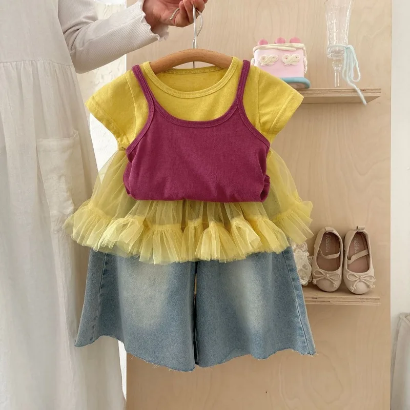Girls' 2025 Summer New Korean Version Short Sleeved T-shirt, Layered Camisole Vest Set, Children's Mesh, Fart Curtain Jeans
Girls' 2025 Summer New Korean Version Short Sleeved T-shirt, Layered Camisole Vest Set, Children's Mesh, Fart Curtain Jeans