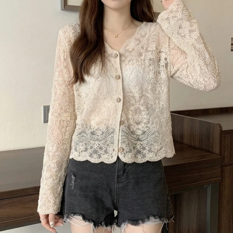 See Through Embroidered Lace Shirt Women Vintage Crochet Long Sleeve Button Down Mesh Blouse Blusas Resort Beach Vacations Tops
See Through Embroidered Lace Shirt Women Vintage Crochet Long Sleeve Button Down Mesh Blouse Blusas Resort Beach Vacations Tops