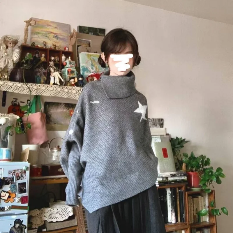 Корейский свободный женский вязаный свитер со звездами и высоким воротником, пальто, осень-зима, моя, нерегулярный узор
Корейский свободный женский вязаный свитер со звездами и высоким воротником, пальто, осень-зима, моя, нерегулярный узор