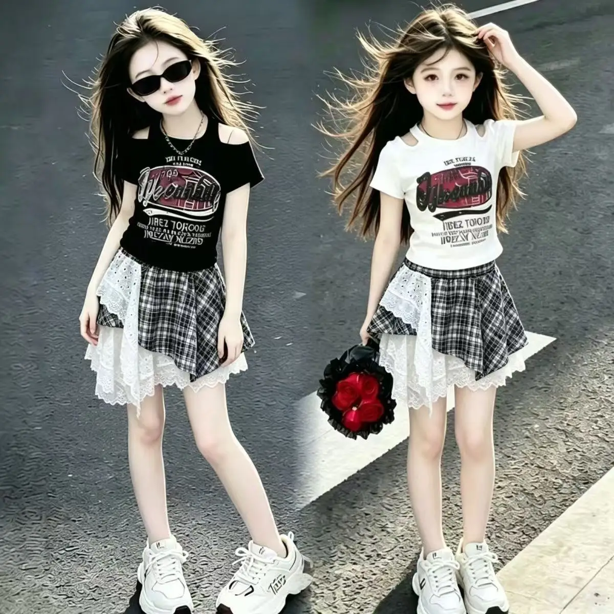 Girls' Summer Set 2026 New Youth and Children's Fashion Off Shoulder T-shirt+Lace Plaid Short Skirt Two Piece Set
Girls' Summer Set 2026 New Youth and Children's Fashion Off Shoulder T-shirt+Lace Plaid Short Skirt Two Piece Set