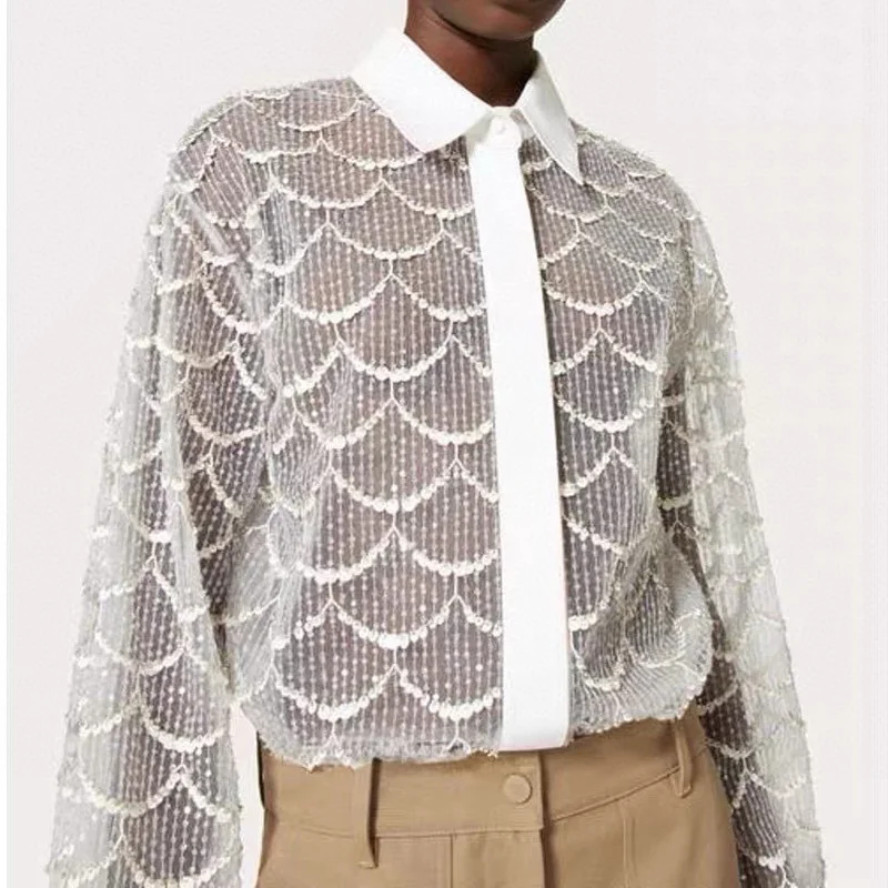 Elegant White Beaded Fish Scales Sequined Mesh Shirt Women's Fashion Lapel High Quality Blouse Loose Transparent Gauze Top Lady
Elegant White Beaded Fish Scales Sequined Mesh Shirt Women's Fashion Lapel High Quality Blouse Loose Transparent Gauze Top Lady