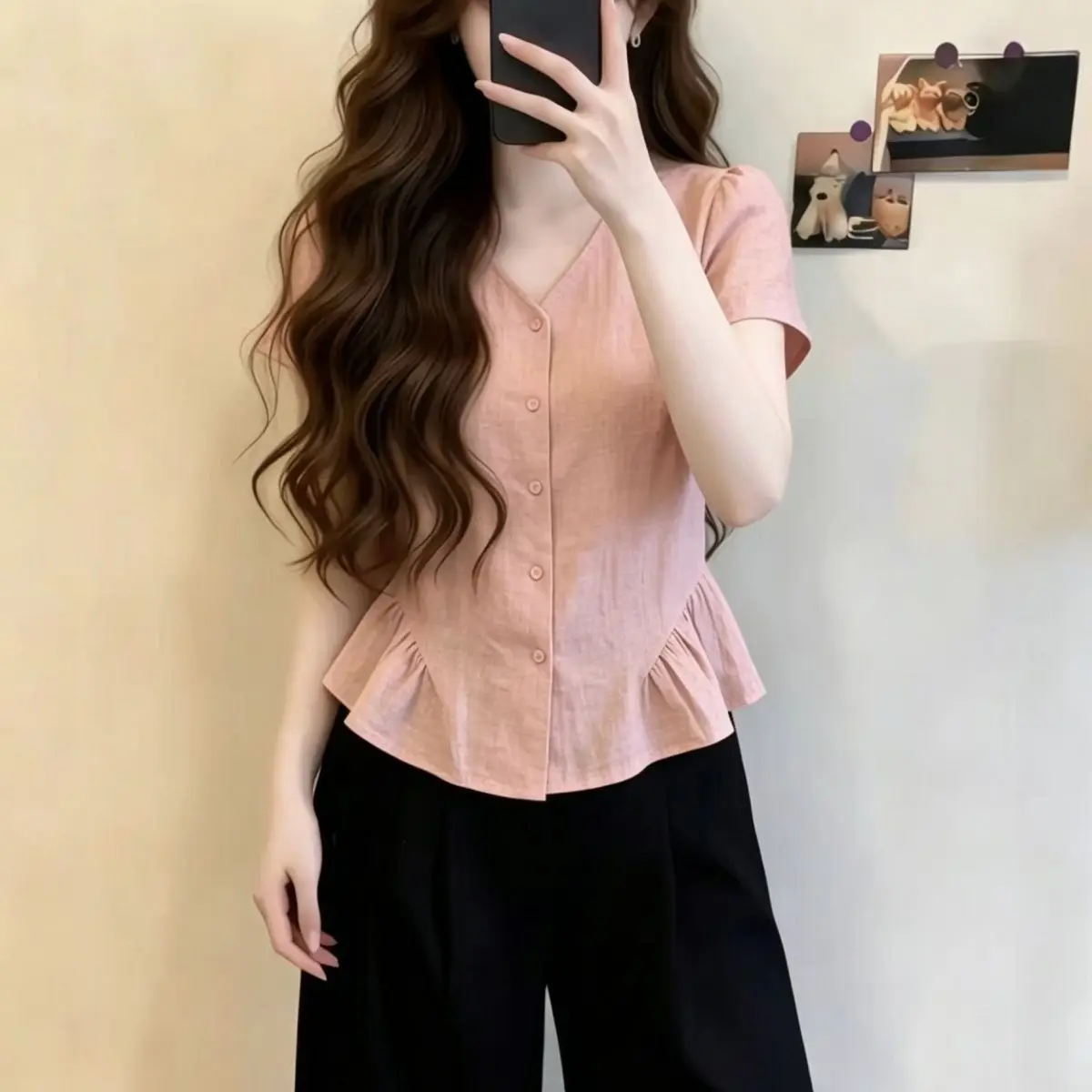 Elegant V-neck Short Sleeve Women's Shirt Summer New Pink Lace Hem Waist-cinching Design French Style Breathable Skin-friendly
Elegant V-neck Short Sleeve Women's Shirt Summer New Pink Lace Hem Waist-cinching Design French Style Breathable Skin-friendly
