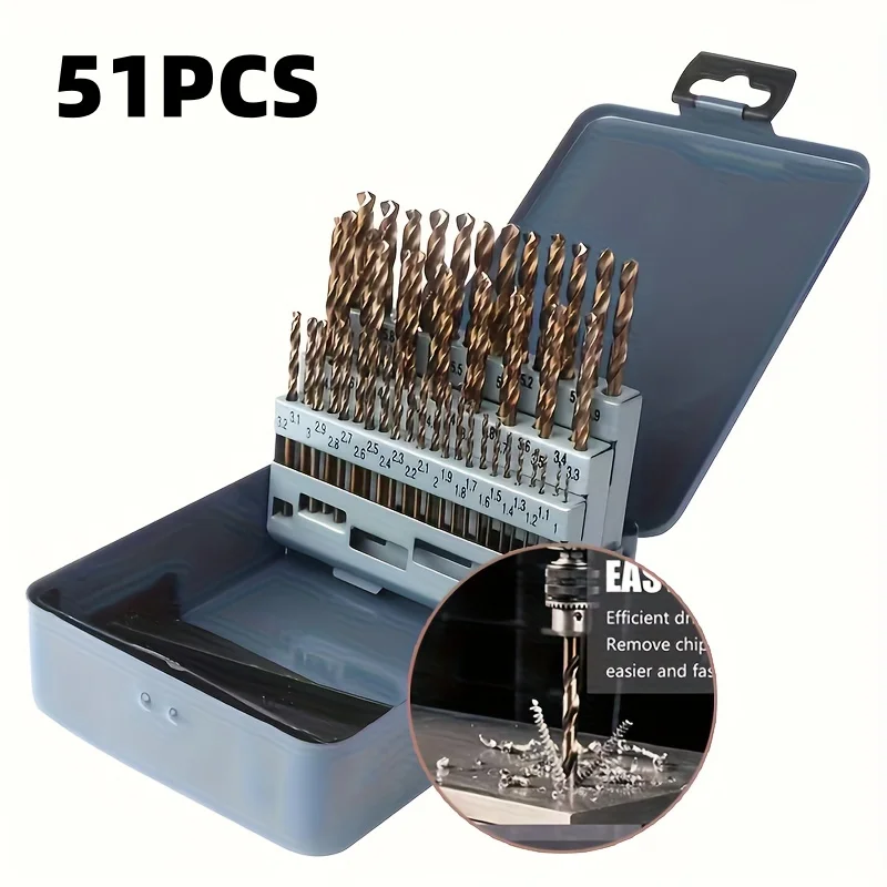 M35 HSS Twist Drill Bit Set 51Pcs 1-6mm With Storage Box, Round Shank For Hardened Metal And Stainless Steel
M35 HSS Twist Drill Bit Set 51Pcs 1-6mm With Storage Box, Round Shank For Hardened Metal And Stainless Steel