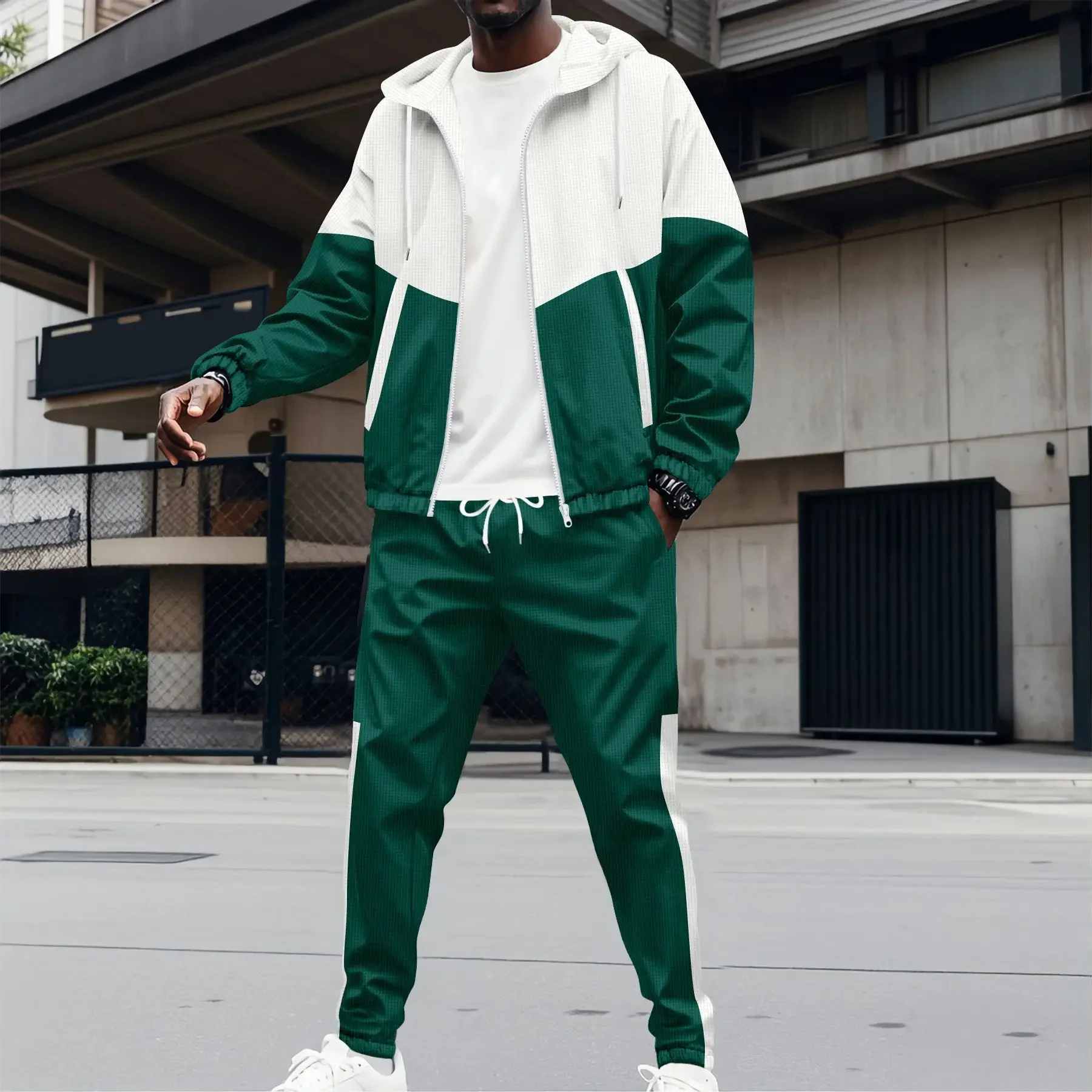 Men's New Spring and Fall Hooded Double-pocket Waffle Color Matching Jacket Jacket Casual Sports Two Trouser Suit Sports Sui
Men's New Spring and Fall Hooded Double-pocket Waffle Color Matching Jacket Jacket Casual Sports Two Trouser Suit Sports Sui