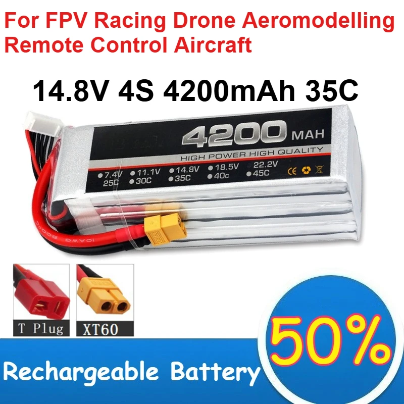 14.8V 4S 4200mAh 35C Polymer Lithium Battery for FPV Racing Drone Aeromodelling Remote Control Aircraft Rechargeable Battery
14.8V 4S 4200mAh 35C Polymer Lithium Battery for FPV Racing Drone Aeromodelling Remote Control Aircraft Rechargeable Battery