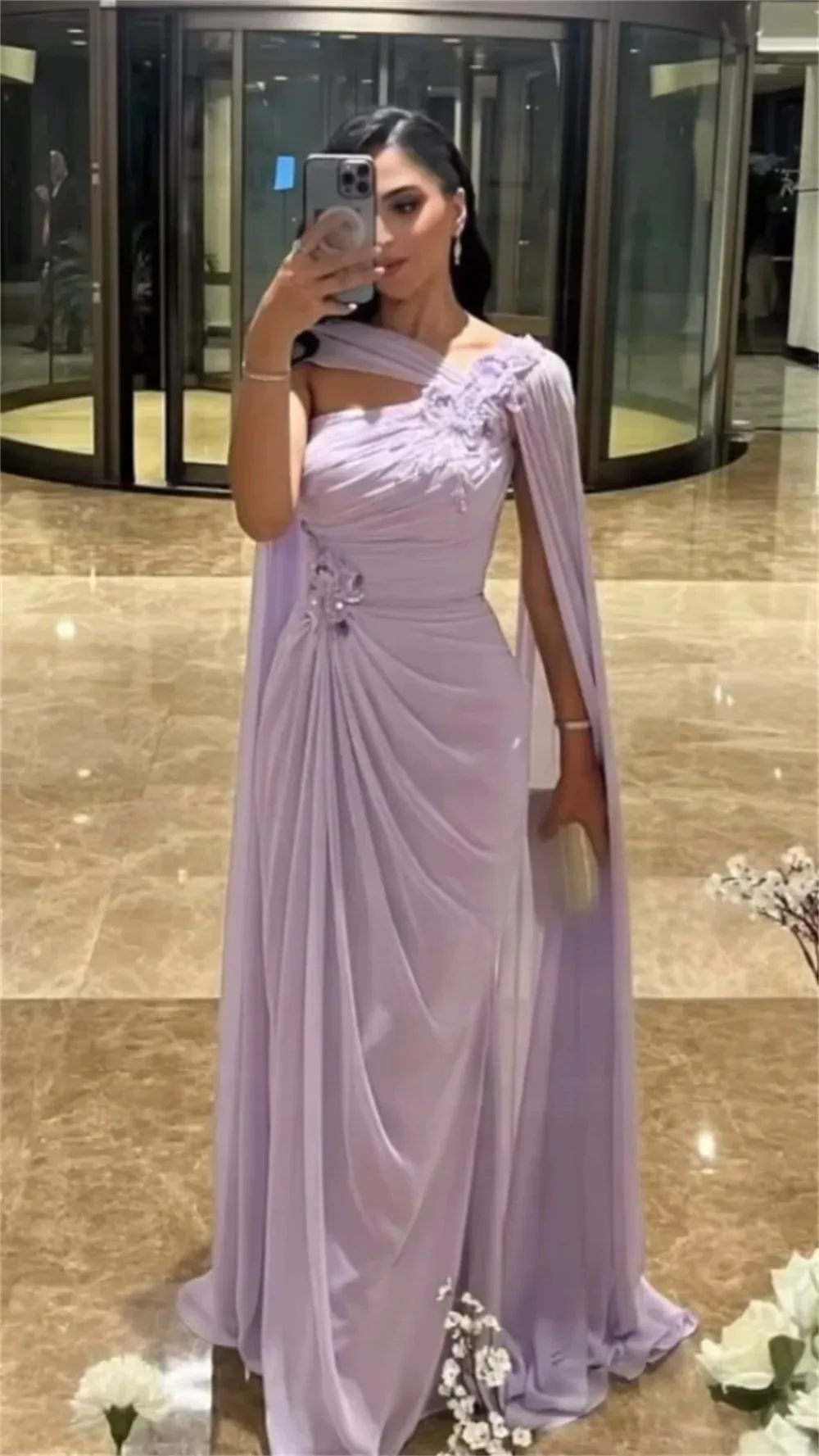 Vintage Customized Chiffon Flowers Pleat A-line Prom Dresses One-shoulder Cape Sleeves Formal Occasion Evening Party Gown
Vintage Customized Chiffon Flowers Pleat A-line Prom Dresses One-shoulder Cape Sleeves Formal Occasion Evening Party Gown