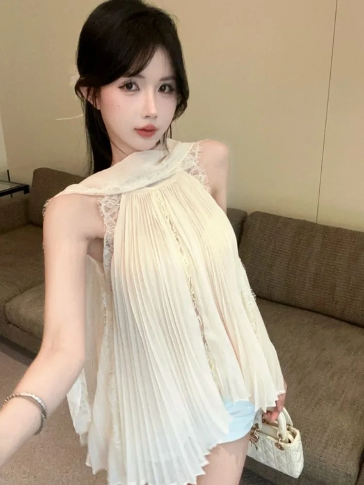 Spicy Girl Asymmetrical Neck Hanging Sleeveless Top Summer Sweet Elegant Pleated Sash Loose Chiffon Blouse Korean Style Commute
Spicy Girl Asymmetrical Neck Hanging Sleeveless Top Summer Sweet Elegant Pleated Sash Loose Chiffon Blouse Korean Style Commute