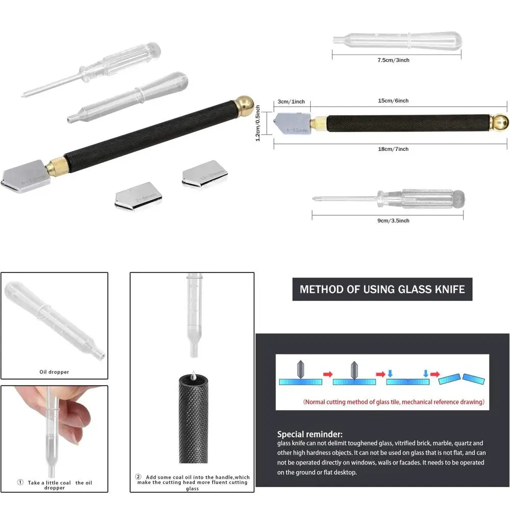 Glass Cutter Tool Set, 2mm-20mm Pencil Style Oil eed Carbide Tip with Extra Replacement and Oil Dropper or Mosaic/Tiles/Mirror/S
Glass Cutter Tool Set, 2mm-20mm Pencil Style Oil eed Carbide Tip with Extra Replacement and Oil Dropper or Mosaic/Tiles/Mirror/S