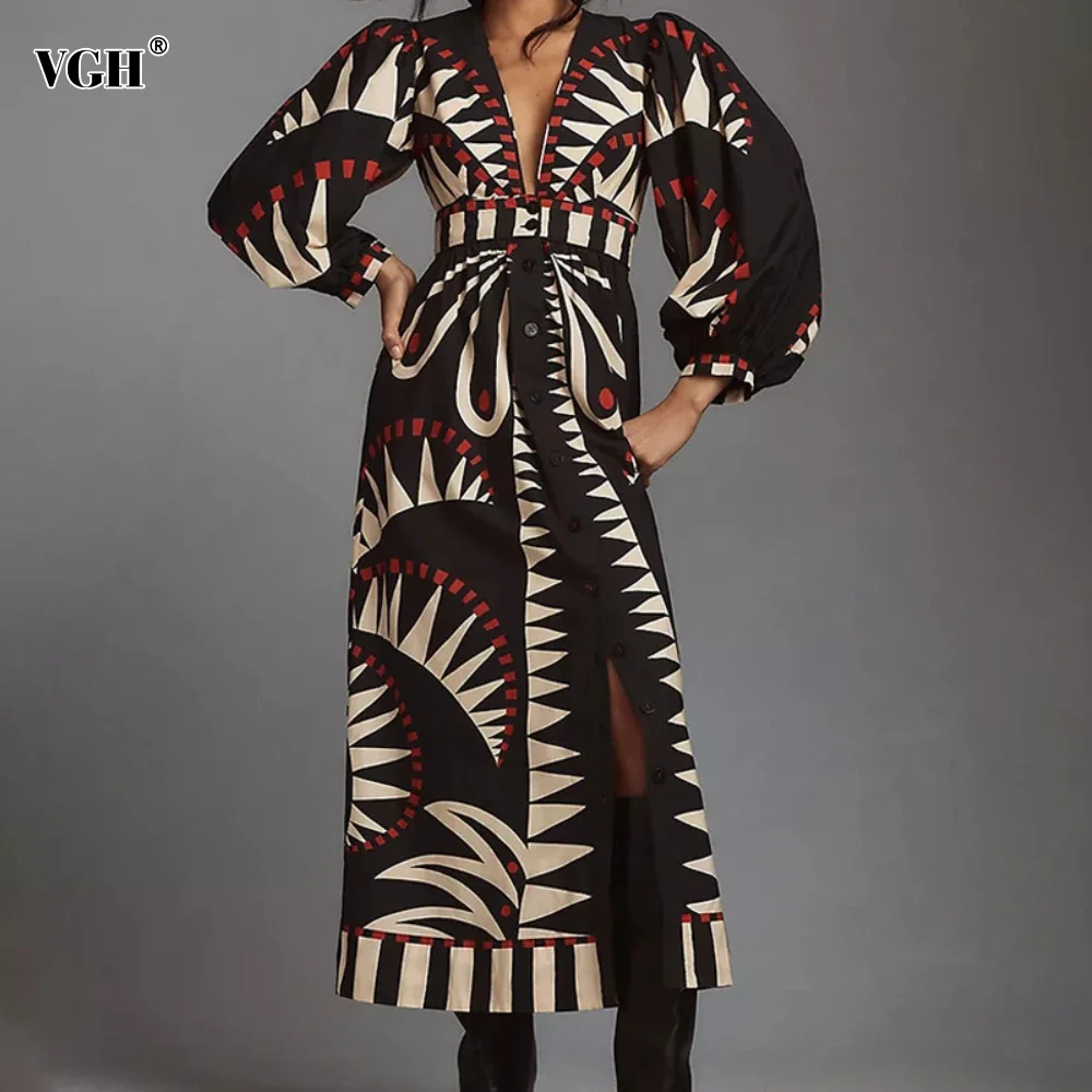 VGH Autumn Long Split Dress for Women Retro Printed Deep Neck Long Sleeve Patchwork Single Breasted Fashionable Dress Female New
VGH Autumn Long Split Dress for Women Retro Printed Deep Neck Long Sleeve Patchwork Single Breasted Fashionable Dress Female New